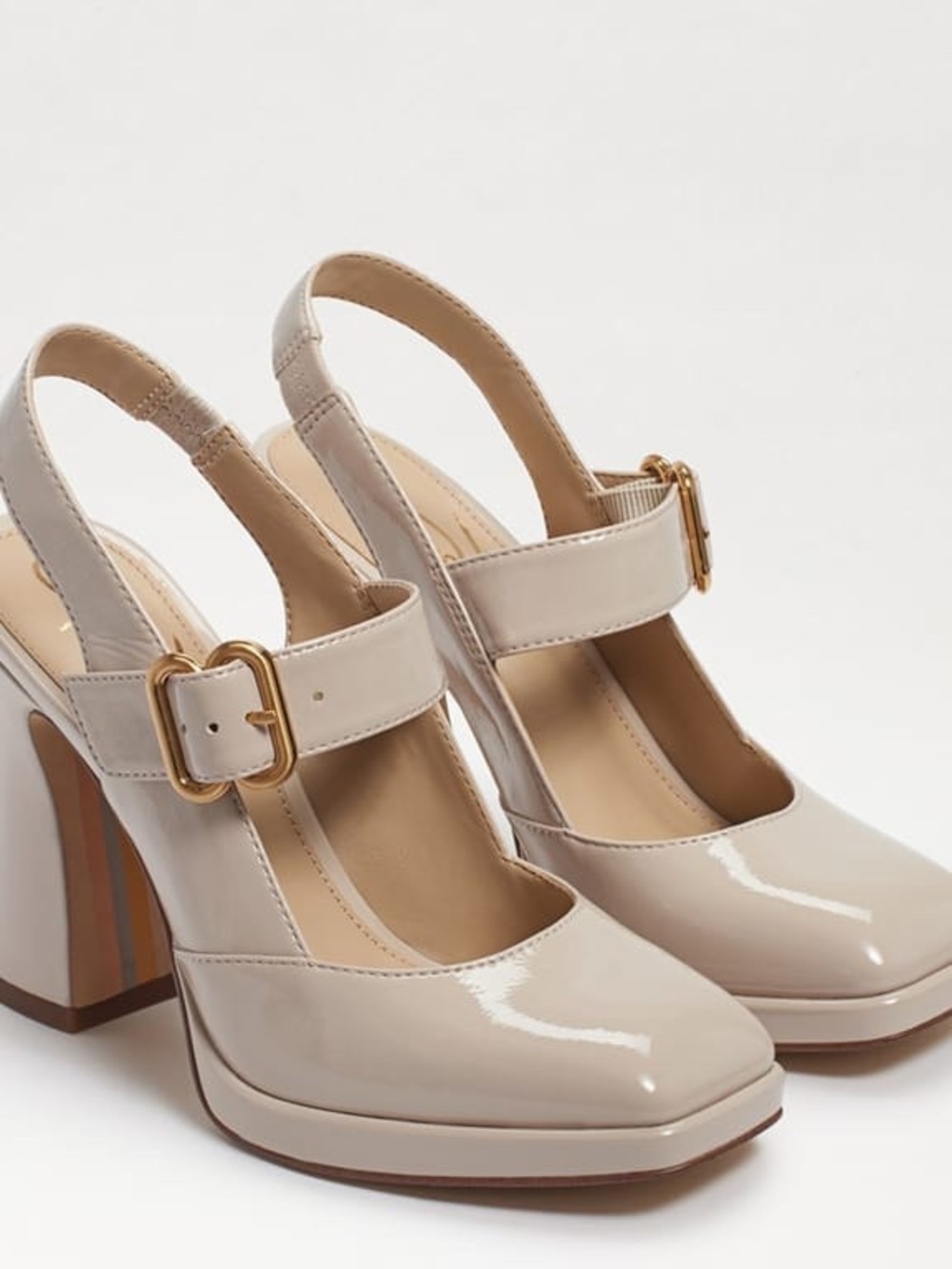 Sam Edelman Cream Patent Slingback Block Heels with Gold Buckle